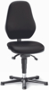 Preview: The image shows a black office chair with a padded seat and a high backrest. It has an adjustable height and a sturdy base with five casters.