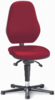 Preview: The chair has a red, padded seat and a tall, ergonomic backrest. It stands on a black, five-pointed base with casters for maneuverability.