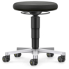 Preview: The stool has a round, black seat and a sturdy, black cylinder for support. It stands on a silver base with five casters. The casters feature yellow lightning bolts as decoration.