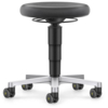 Preview: The stool has a round, black seat and an adjustable height. It stands on a stable base with five casters, which provide mobility. The casters have yellow details.