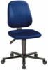 Preview: The office chair has a blue cover and a high backrest. It stands on a rolling base with five wheels and has an adjustable height. The armrests are missing.