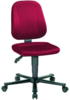 Preview: The office chair has a red, padded seat and backrest. The armrests are missing, and the chair has casters and an adjustable height. The frame is black.