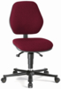 Preview: The office chair has a red, padded seat and backrest in a curved shape. It stands on a black base with casters and has an adjustable height.