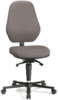 Preview: The chair has a gray, padded seat and a high, curved backrest. It stands on a black, rolling base. The height is adjustable.