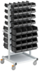 Preview: The image shows a rollable shelving system with multiple horizontal rows of black storage boxes. The frame is metallic and has wheels for mobility.