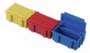 Preview: The image shows four rectangular, stackable plastic containers in yellow, red, and blue. The containers are open, with two stacked on top of each other and one separate. They are arranged in a row.