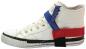 Preview: The image shows a white high-top sneaker. It has a black sole and three colored bands: red, blue, and black, wrapped around the shoe.