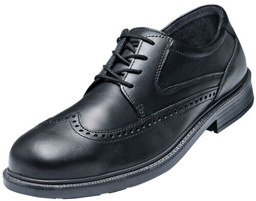 The shoe is made of shiny, black leather, has a classic shape with lacing and fine decorations on the side. The sole is sturdy and slightly textured.