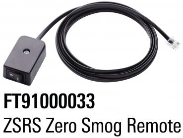 The image displays a glossy black device with a button on the front and a cable extending to the right. It is a remote control named "ZSRS Zero Smog Remote".