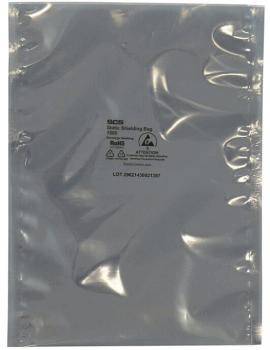 The image shows a silver anti-static bag. The surface is smooth and shiny, with some wrinkles. In the center, there is a black print with information and symbols.