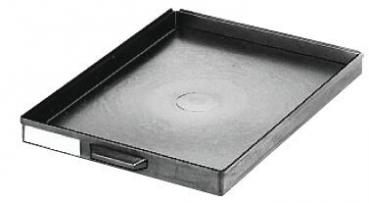 The image shows a black, rectangular tray without a lid. It has flat edges and a smooth surface. On one side, there is a small handle for lifting.