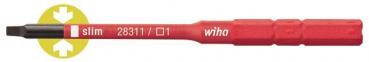 The image shows a red screwdriver with a flat, narrow head. It has a textured, ergonomic grip surface for better hold and bears the brand 