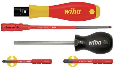 The image shows four screwdrivers. The top one is red and yellow, the others are red and black. Each has different blades and shapes, all are marked with the 