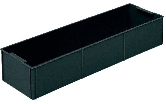 The image displays a long, narrow container in black. It has two open sides and a three-part interior structure, perfect for organizing items.