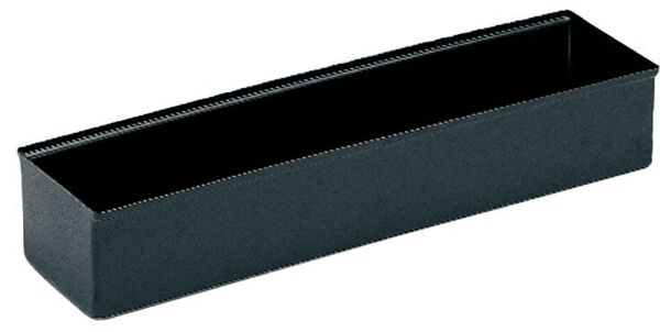 The image shows a narrow, rectangular baking pan in matte black. It has straight walls and a flat base, ideal for baking breads or cakes.