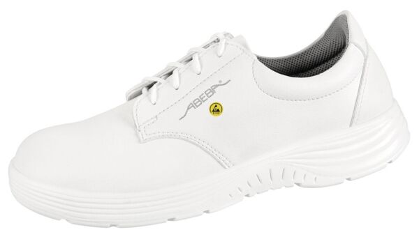 The image displays a white athletic shoe with laces. The sole is thick, resembling that of a running shoe. It features a simple, modern design and a cushioned insole.