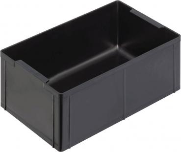 A rectangular container made of black plastic. It has a smooth interior surface and vertical walls. The corners are rounded, and there are small openings on the sides.