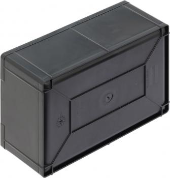 The image shows a rectangular, black plastic box with rounded edges. The surface is smooth and the box has a lid. It appears sturdy and stable.