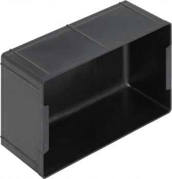 The image shows a rectangular plastic box in black tones. It has open sides and a flat base, ideal for organizing and storing items.