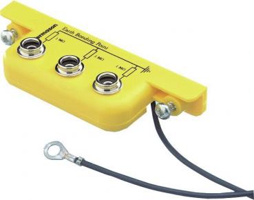 The image shows a yellow device with three round sockets for plugs and an attached black cable with a loop at the end. It appears to be a connection or junction block.