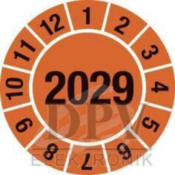 The image shows a round sticker with an orange background. In the center is the large number "2029". Around it, the numbers 1 through 12 are arranged.