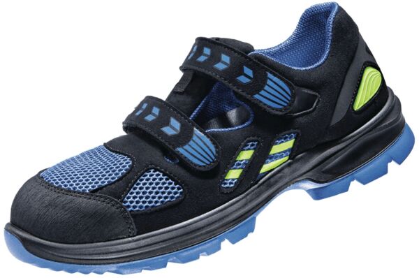 The shoe is a sporty sandal in blue and black with two Velcro straps. It has a padded sole and breathable mesh inserts, ideal for active use.