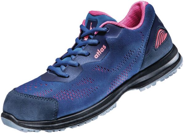 The shoe is a sporty, blue work shoe with pink accents. It has a breathable surface, a cushioned insole, and a non-slip rubber sole.