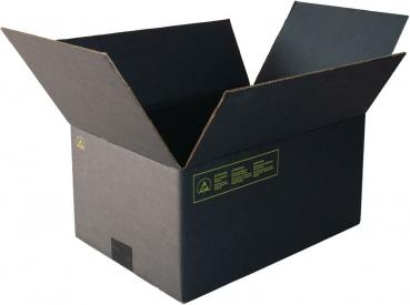 The image displays an open, rectangular cardboard box. It is made of black cardboard, with two flaps that are standing upright. On the side, there are some graphics and text in a light color.