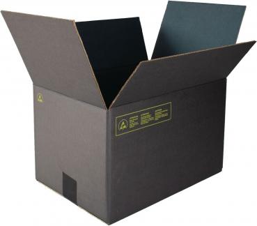 The image shows an open black cardboard box. The sides are folded up, and the insides are in a dark green shade. There is a yellow label on the box.