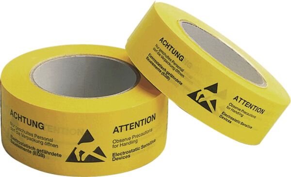 The image shows two rolls of yellow tape. The tape has 