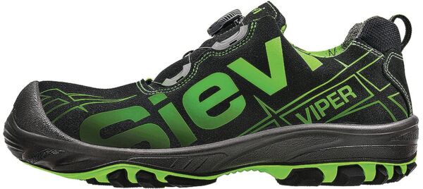 The shoe is black with striking, bright green accents and lettering. It has a sporty shape, a grippy sole, and a modern lacing system. Ideal for activity.