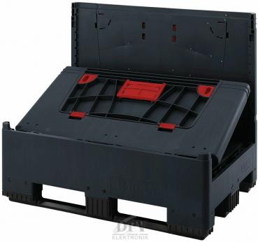 The image shows a black plastic box with red elements. The box has a foldable lid, which is partially open for easier handling, and is placed on a stable base.