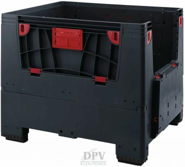 The picture shows a black plastic box with red elements. It has open sides, a sturdy bottom, and is rectangular in shape, ideal for storing or transporting items.