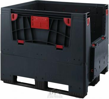 The image shows a sturdy, black plastic box with red details. It has an open top, side handles, and a reinforced structure, ideal for transporting goods.