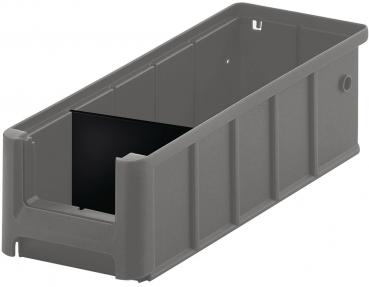 The image displays a rectangular, gray plastic container. It has high walls, an open top, and is black on the inside. The container appears sturdy and has a smooth surface.