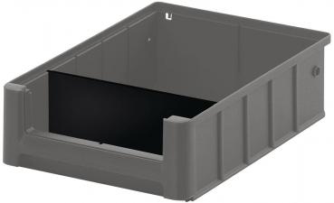 The image shows a gray, rectangular plastic box without a lid. The walls are slightly textured, and the inside is black. It has a flat base and rectangular opening.