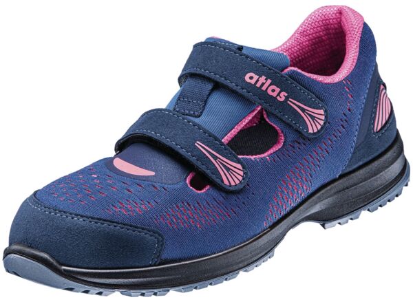 The shoe is sporty, with a dark blue upper and pink accents. It has two practical Velcro fastenings and a non-slip, black sole. Ideal for activities.