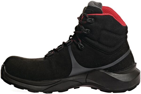 The shoe is a black, high boot with a non-slip sole. It has a padded collar and red accents. The lacing is arranged on the side and ensures a good fit.