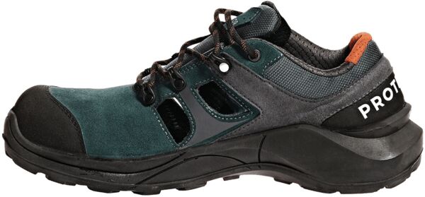 The image shows a mid-height hiking boot in dark green and gray. It has a grippy, black sole, laces, and toe caps. The brand name is visible on the heel.