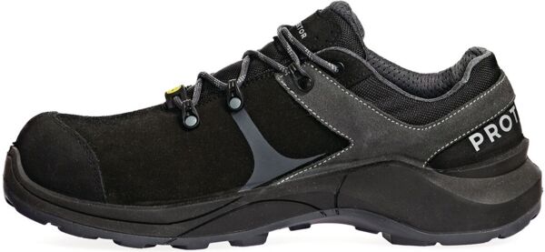 The image shows a black shoe with a sporty design. It has a sturdy sole, padded interior, and laces. The word 