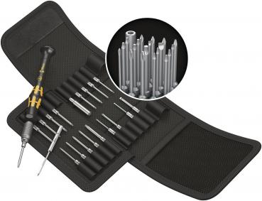 The image shows a black tool case with several screwdrivers in different sizes. In the center, there is a magnification featuring a row of silver screwdriver bits.