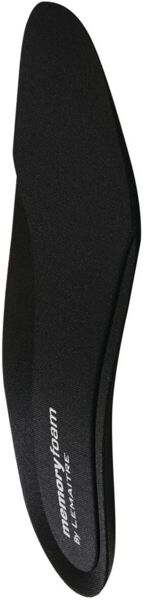 The image shows a black memory foam insole. It has a slightly curved shape and a smooth surface. The brand text is embossed on the sole.