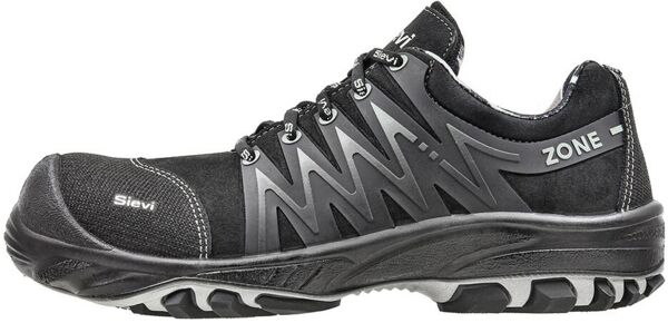 The image shows a black safety shoe. It has a sturdy, non-slip sole and a padded, breathable surface. Additionally, it features robust laces and a toe cap.