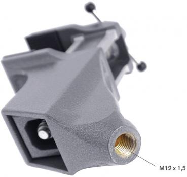 The image shows a gray metal part with a square base and an M12 x 1.5 thread. It has two screws and a rounded, narrow section.