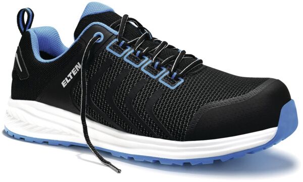 It is a black athletic shoe with blue accents. The shoe has a textured surface, a white sole, and six eyelets for the laces. It is lightweight and sporty.