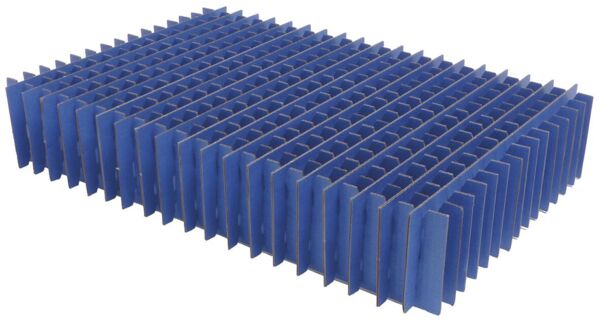 The picture shows a rectangular, blue object with a regular structure of many narrow, vertical grooves. It has a flat surface and a wave-like arrangement on the sides.