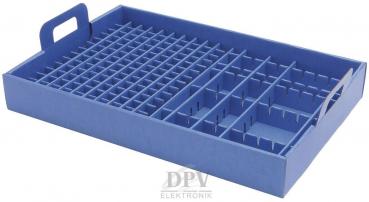 The image shows a blue tray with many small compartments. It has a handle on one side and is suitable for organizing items like electronic parts.