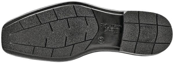 The image shows the sole of a shoe. It is dark, rubberized with a textured tread consisting of various patterns to provide traction and grip.