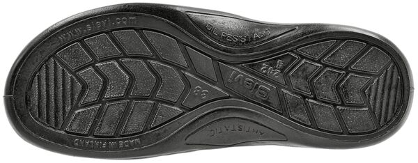 The image shows the underside of a shoe. The sole is black and features a textured, non-slip pattern with various grooves and profiles for good traction.