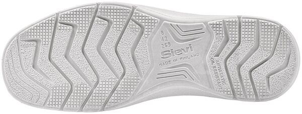 The image shows the underside of a shoe with a white, textured sole. The sole features a wave pattern and diamond-shaped indentations for improved grip.